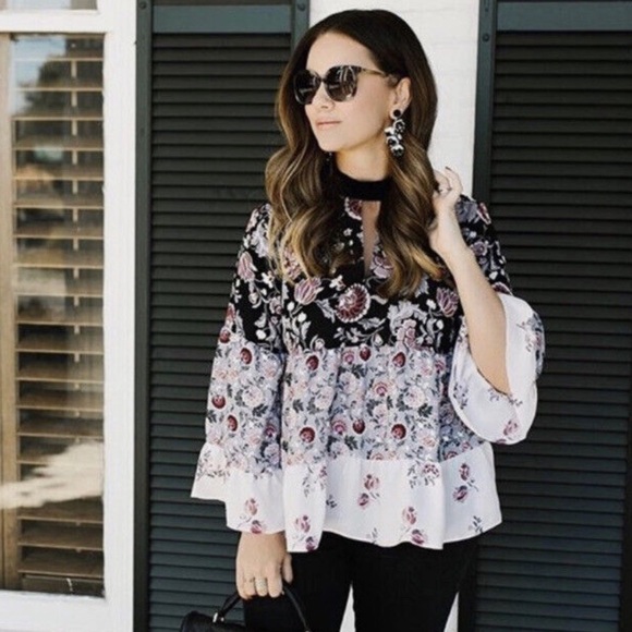 NWT LOFT Floral & Velvet Peasant Blouse - Picture 1 of 12